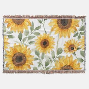 Yellow Sunflowers Watercolor Flower Painting Throw Blanket