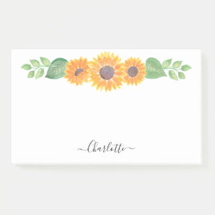 Yellow Sunflowers Watercolor Foliage Personalized Post-it Notes