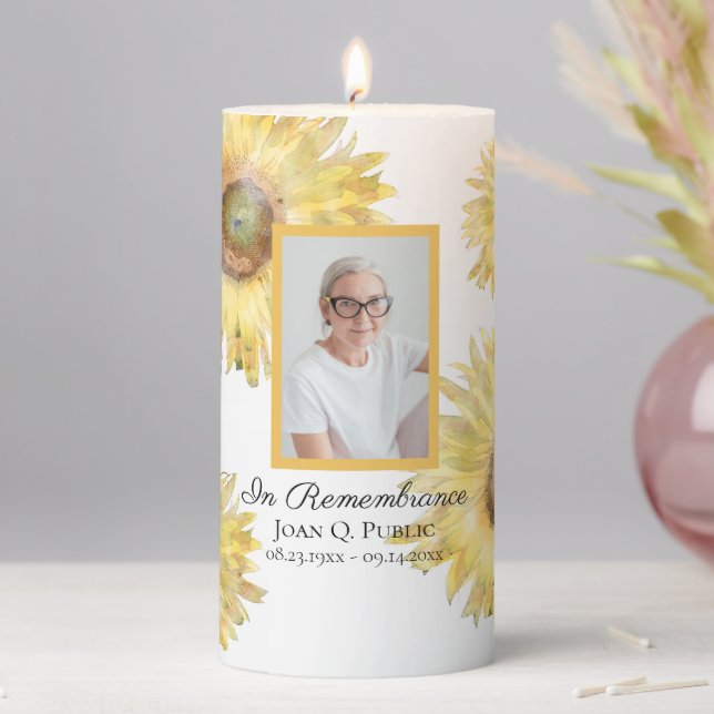 Yellow Sunflowers Watercolor Funeral Memorial Pillar Candle (In Situ)