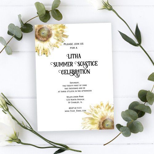 Yellow Sunflowers Watercolor Litha Summer Solstice Invitation