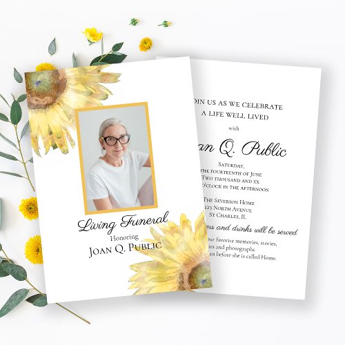 Yellow Sunflowers Watercolor Living Funeral Party Invitation