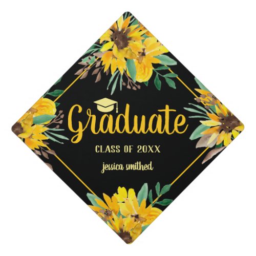 Yellow sunflowers watercolor script chic graduate graduation cap topper