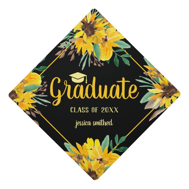 Yellow sunflowers watercolor script chic graduate graduation cap topper (Front)