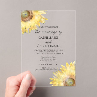 Yellow Sunflowers Watercolor Wedding Acrylic Invitations