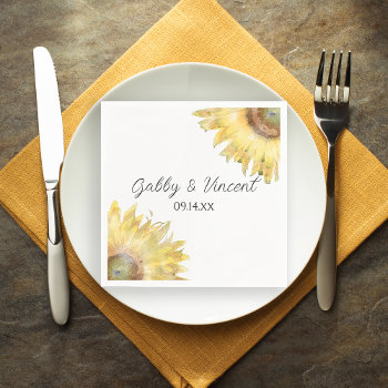 Yellow Sunflowers Watercolor Wedding Napkins by loraseverson at Zazzle