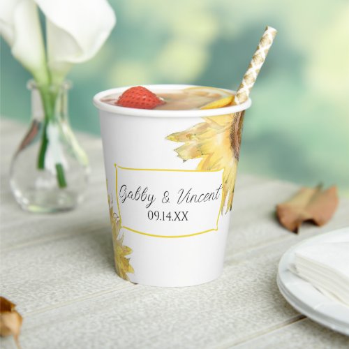 Yellow Sunflowers Watercolor Wedding Paper Cups