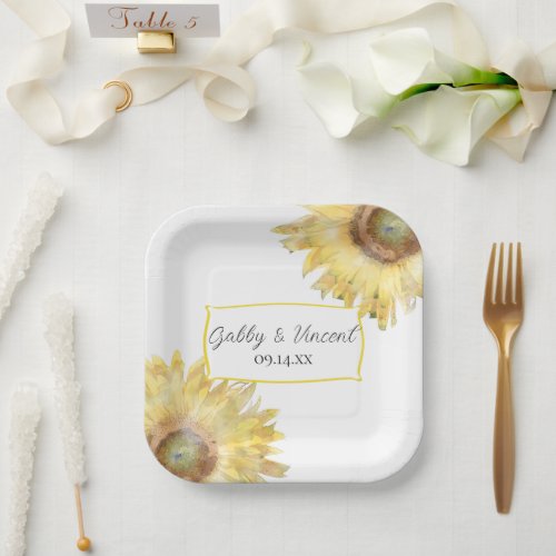 Yellow Sunflowers Watercolor Wedding   Paper Plates
