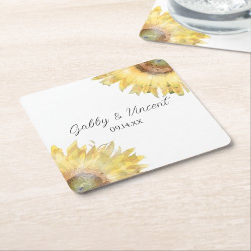 Yellow Sunflowers Watercolor Wedding Square Paper Coaster