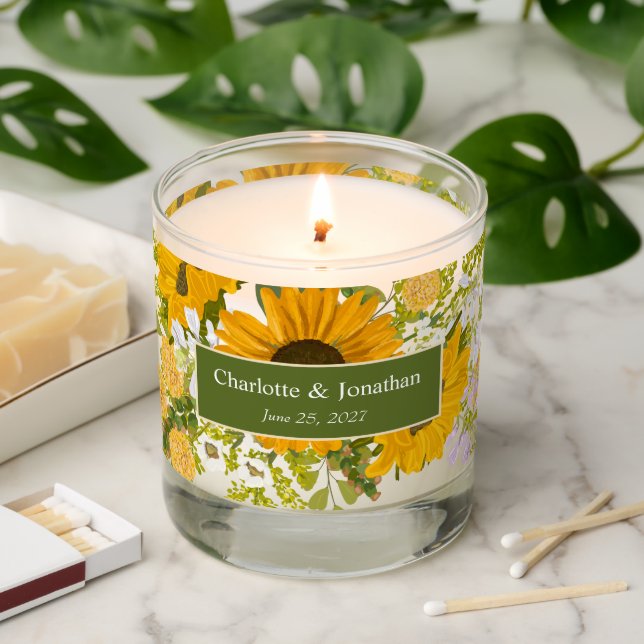Yellow Sunflowers Wedding Personalized  Scented Candle (Lit)
