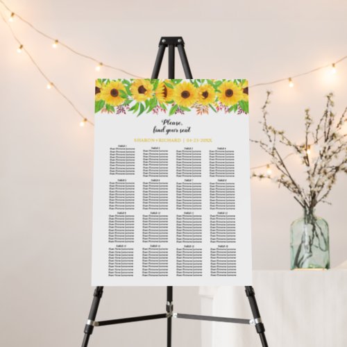 Yellow sunflowers wedding seating chart foam board