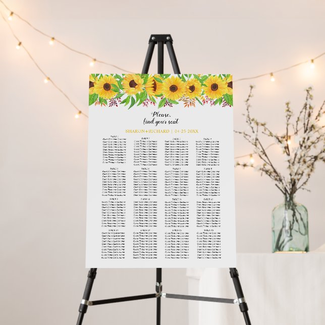 Yellow sunflowers wedding seating chart foam board (In Situ (Stand))