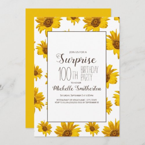 Yellow Sunflowers White 100th Birthday Party Invitation