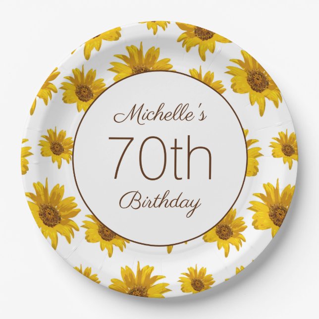 Yellow Sunflowers White 70th Birthday   Paper Plates (Front)