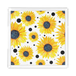 Yellow Sunflowers White Background Pattern Acrylic Tray