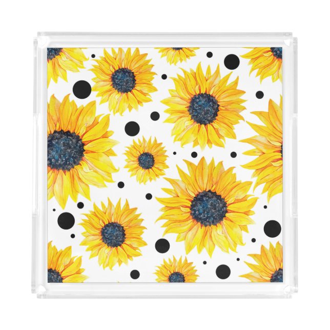 Yellow Sunflowers White Background Pattern Acrylic Tray (Front)