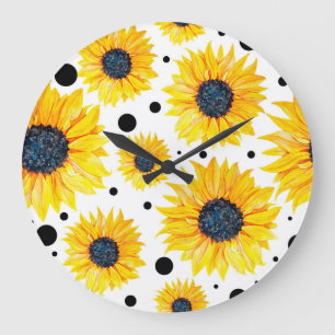 Yellow Sunflowers White Background Pattern Large Clock