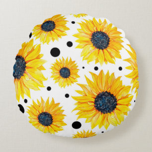 Yellow Sunflowers White Background Pattern Round Pillow