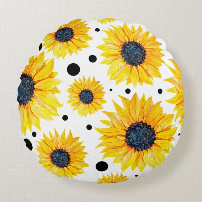 Yellow Sunflowers White Background Pattern Round Pillow (Front)