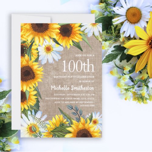 Yellow Sunflowers White Daisies 100th Birthday Invitation