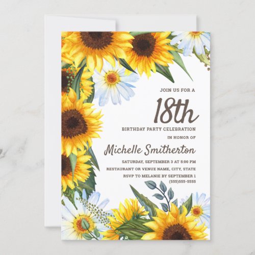 Yellow Sunflowers White Daisies 18th Birthday Invitation