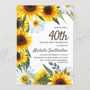 Yellow Sunflowers White Daisies 40th Birthday Invitation