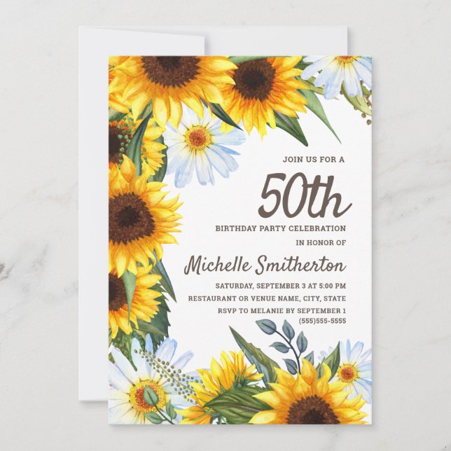 Yellow Sunflowers White Daisies 50th Birthday Invitation (Front)