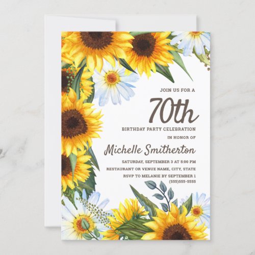 Yellow Sunflowers White Daisies 70th Birthday Invitation