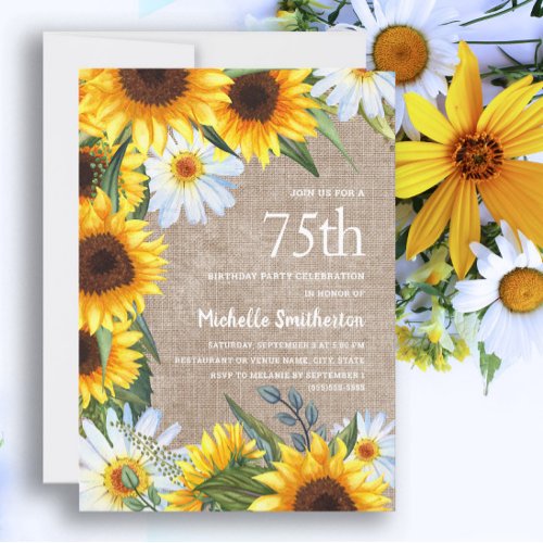 Yellow Sunflowers White Daisies 75th Birthday Invitation