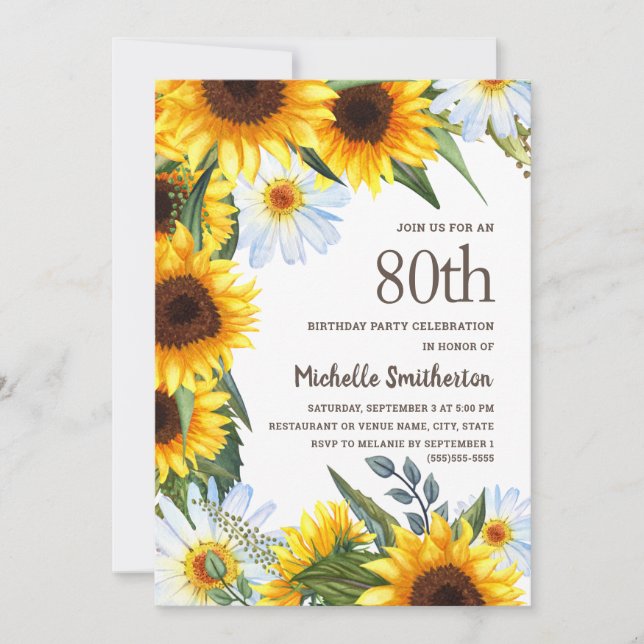 Yellow Sunflowers White Daisies 80th Birthday Invitation (Front)