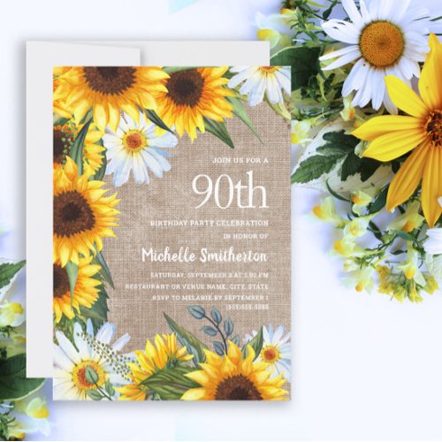 Yellow Sunflowers White Daisies 90th Birthday Invitation