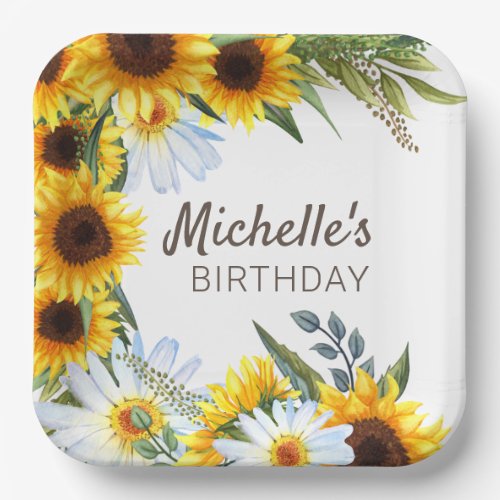 Yellow Sunflowers White Daisies Birthday Name Paper Plates