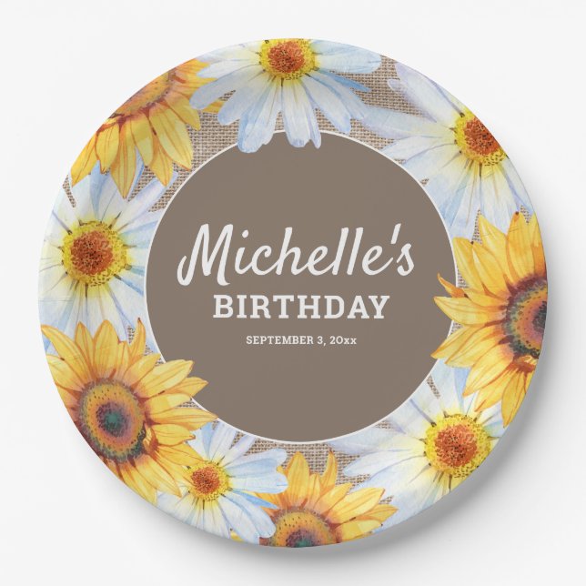 Yellow Sunflowers White Daisies Burlap Birthday Paper Plates (Front)