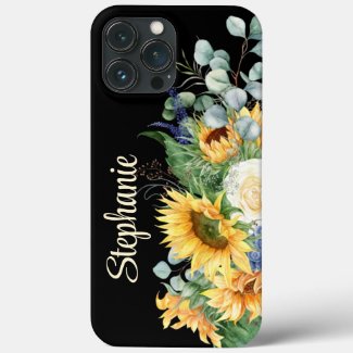 Yellow Sunflowers White Floral Black Name  