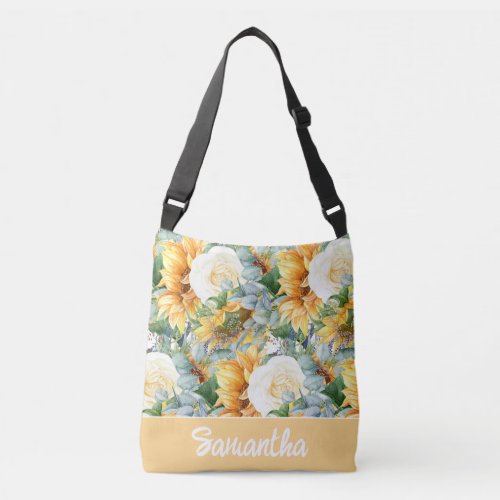 Yellow Sunflowers White Floral Eucalyptus Leaves Crossbody Bag