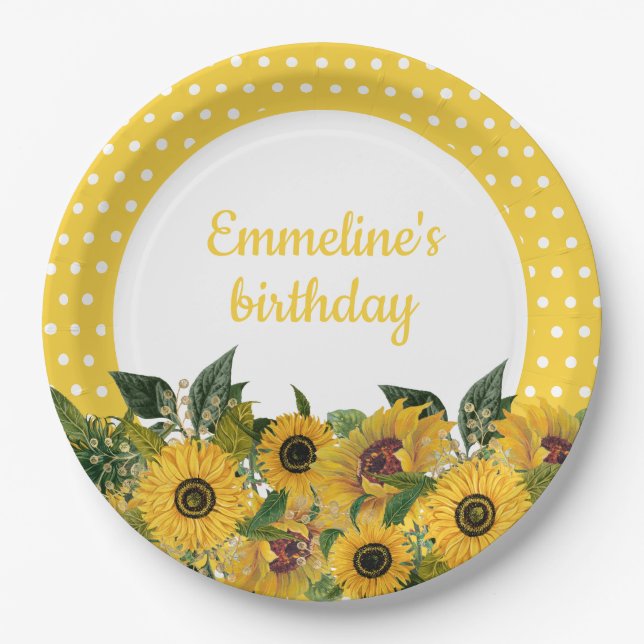 Yellow Sunflowers White Polka Dots Birthday Party Paper Plates (Front)