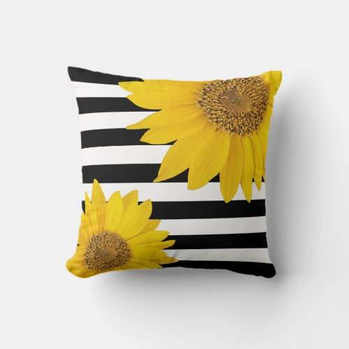 Yellow Sunflowers with Black and White Stripes Throw Pillow