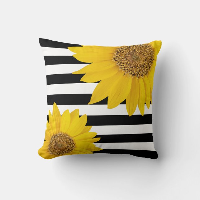 Yellow Sunflowers with Black and White Stripes Throw Pillow (Front)