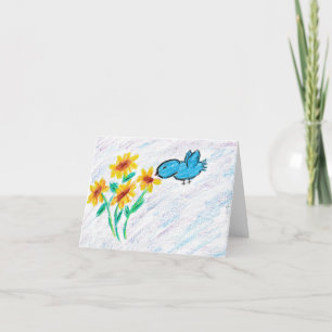 yellow Sunflowers with Blue Bird  Letterpress Thank You Card