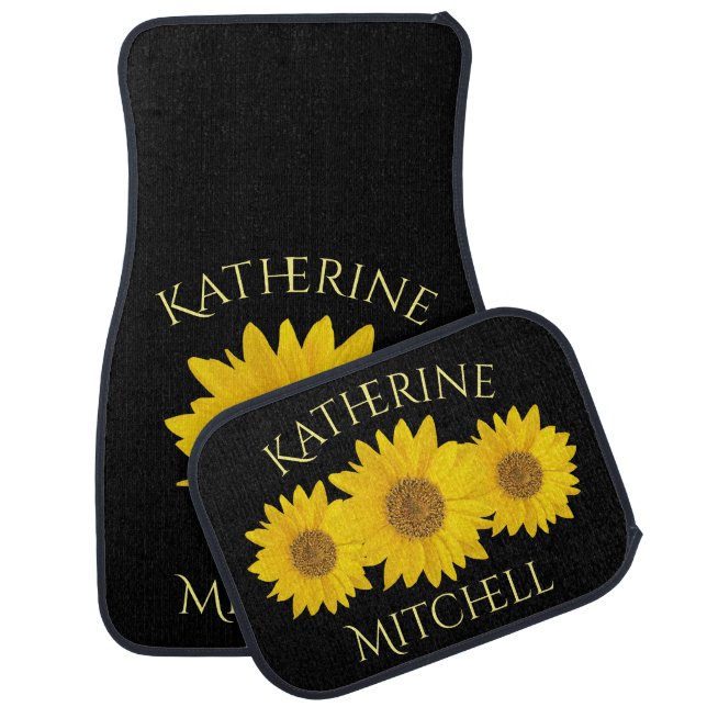 Yellow Sunflowers with Name Black Set of Car Mats (Set)