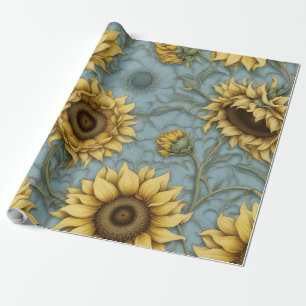 yellow sunflowers with pale blue background wrapping paper