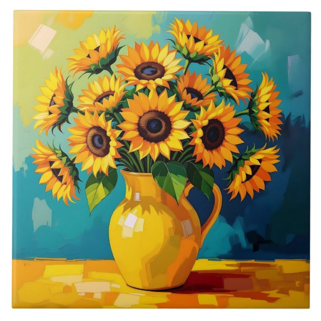 Yellow Sunflowers with Turquoise Background Ceramic Tile (Front)