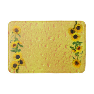 Yellow Sunflowers with water rain drops on glass Bath Mat