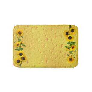 Yellow Sunflowers with water rain drops on glass Bath Mat