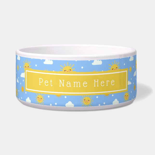 Yellow Sunshine And Clouds Pattern Personalized Bowl (Front)