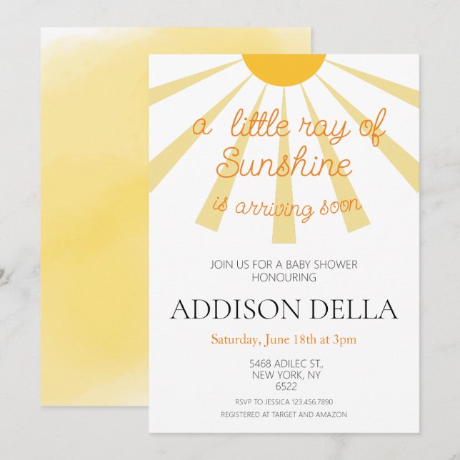 Yellow Sunshine Baby Shower Invitation (Front/Back)