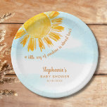 Yellow Sunshine Boho Baby Shower Paper Plates<br><div class="desc">These baby shower paper plates feature the text "A little ray of sunshine is almost here!" with a watercolor yellow sun and blue sky. Perfect for a gender-neutral baby shower. Easily customizable. Use the Design Tool to change the text size, style, or color. Because we create our artwork you won't...</div>