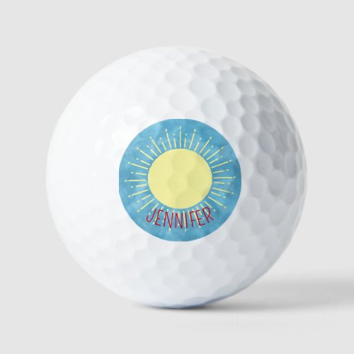 Yellow Sunshine In Blue Sky Custom Name  Golf Balls