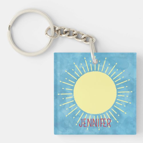 Yellow Sunshine In Blue Sky Custom Name  Keychain