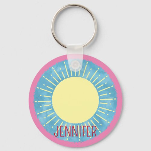 Yellow Sunshine In Blue Sky Custom Name  Keychain