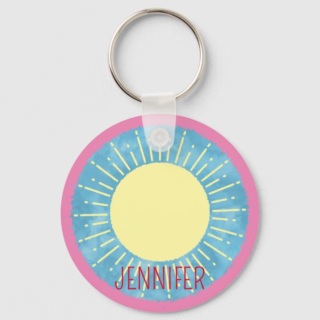 Yellow Sunshine In Blue Sky Custom Name  Keychain (Front)